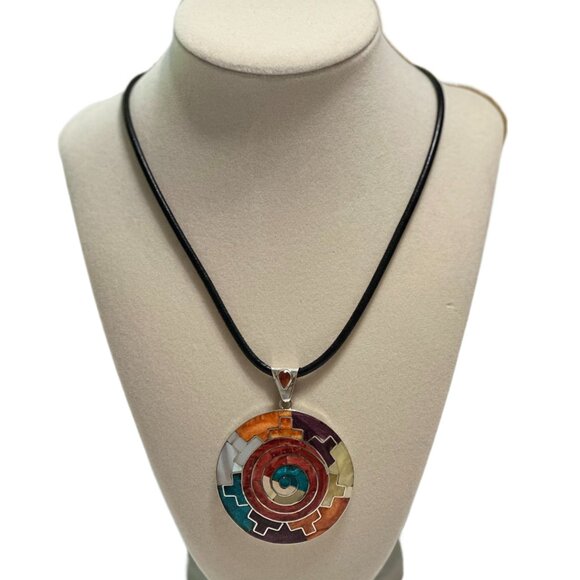 Peruvian 950 Sterling Silver Mosaic Pendant 2” | Turquoise Mother of Pearl Inlay - Picture 5 of 13